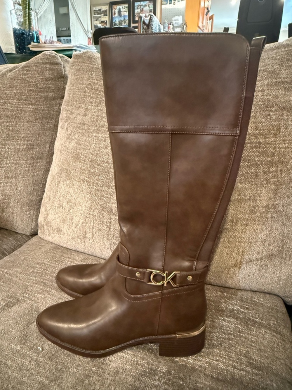 Calvin Klein Dark Brown Over-The-Knee Riding Boots with Gold CK Hardware size 10